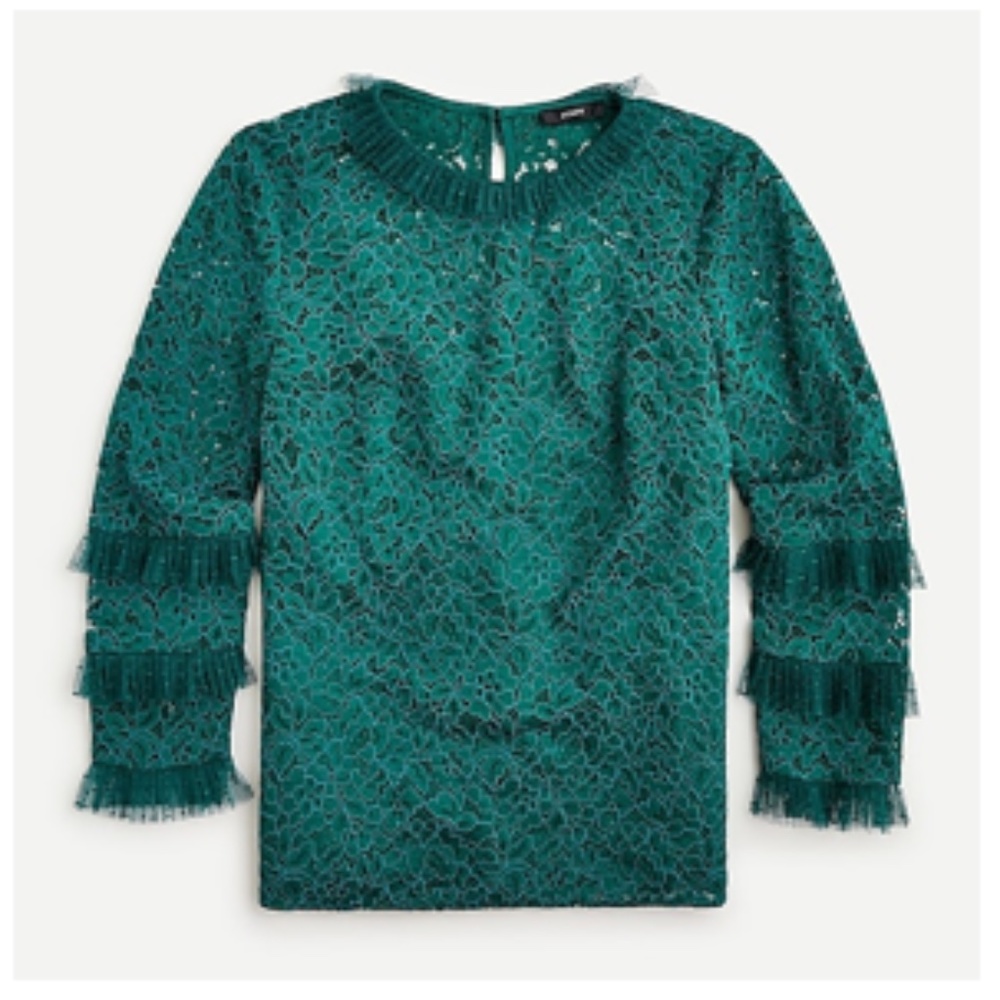 J. Crew Lace top with Tulle Ruffles in Dark Spruce